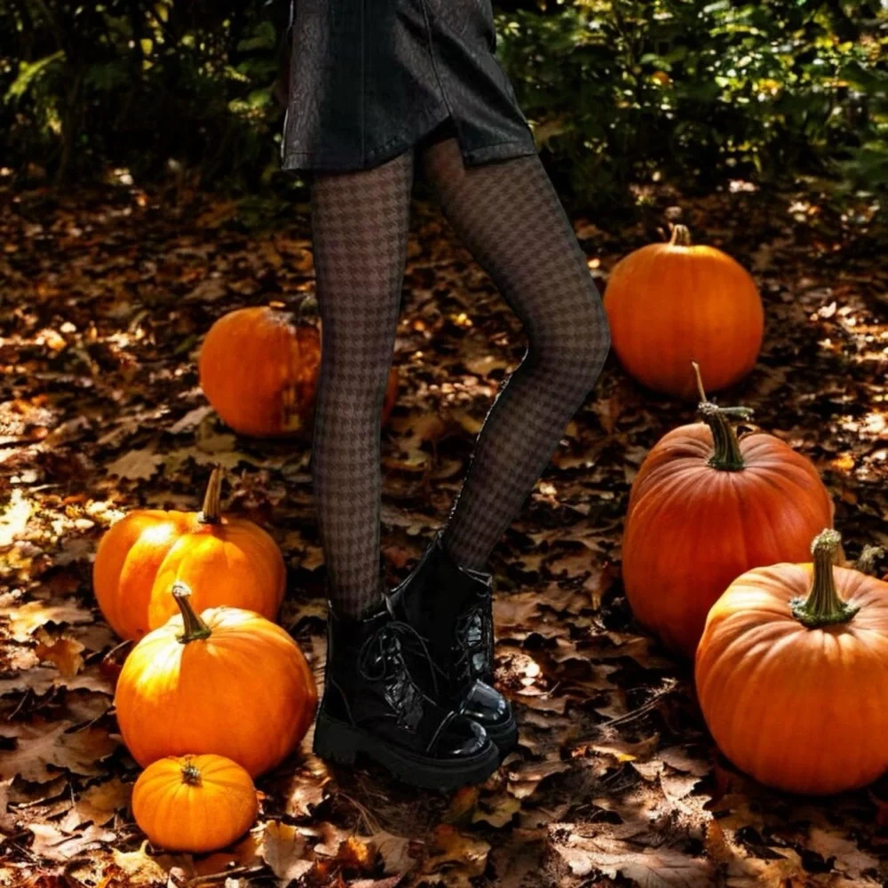 Houndstooth Black Pantyhose, High Waist Elastic‎ Footed Pantyhose One Size